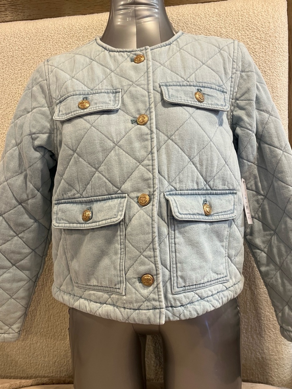 Time and Tru Light Blue Quilted Puffer Jacket with Gold Buttons